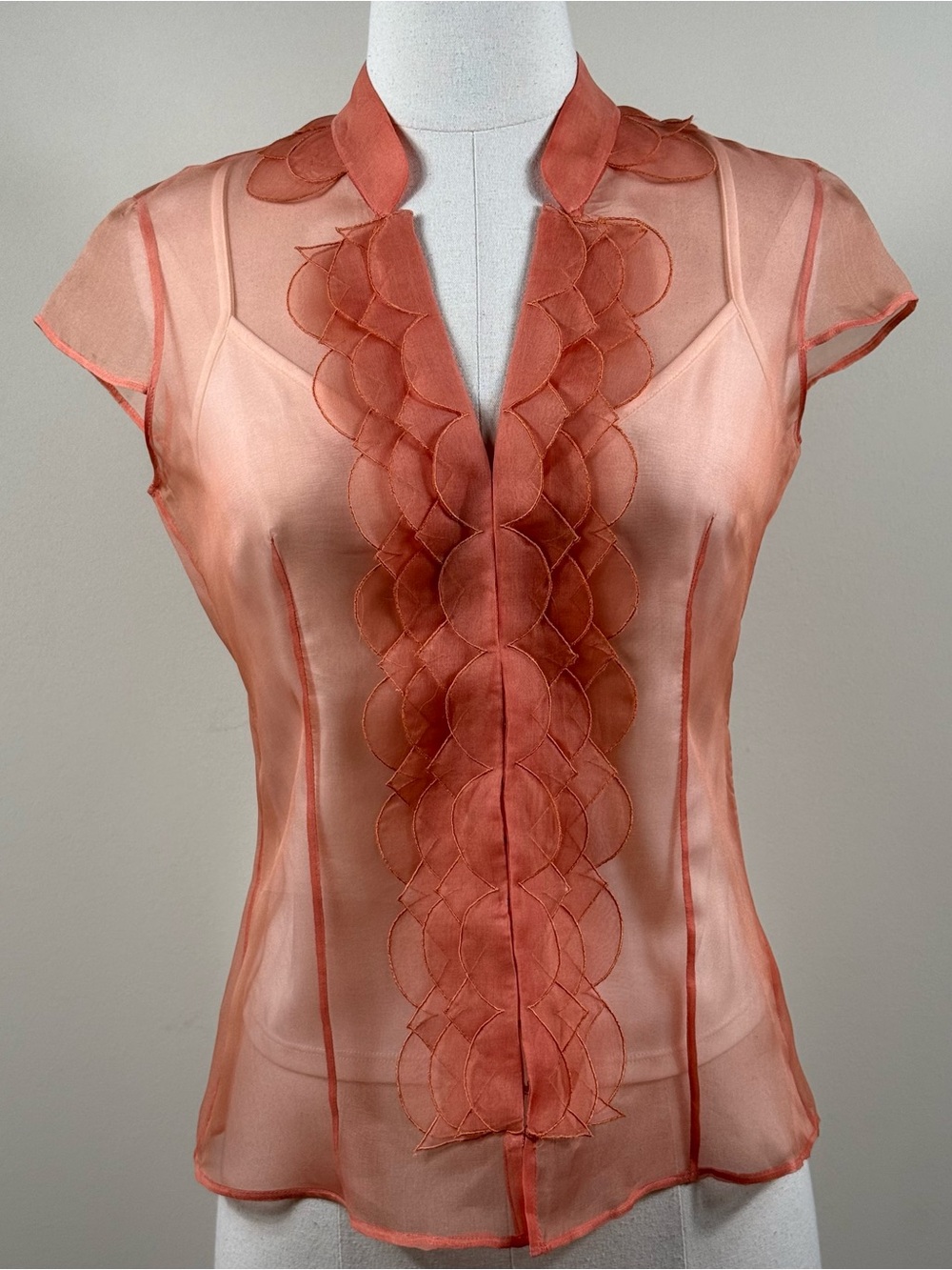 Luca Luca Sheer Silk Organza Blouse Rust Scallop Trim Sz 40 NWT